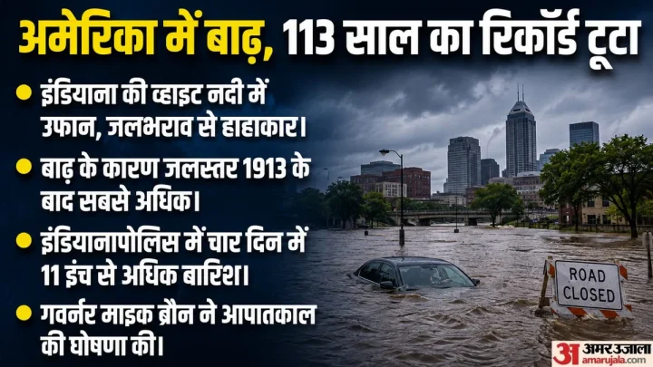 US में बारिश से हाहाकार: इंडियाना की व्हाइट नदी में बाढ़, 113 साल पुराना कौन सा रिकॉर्ड टूटा, कितनी जनहानि?